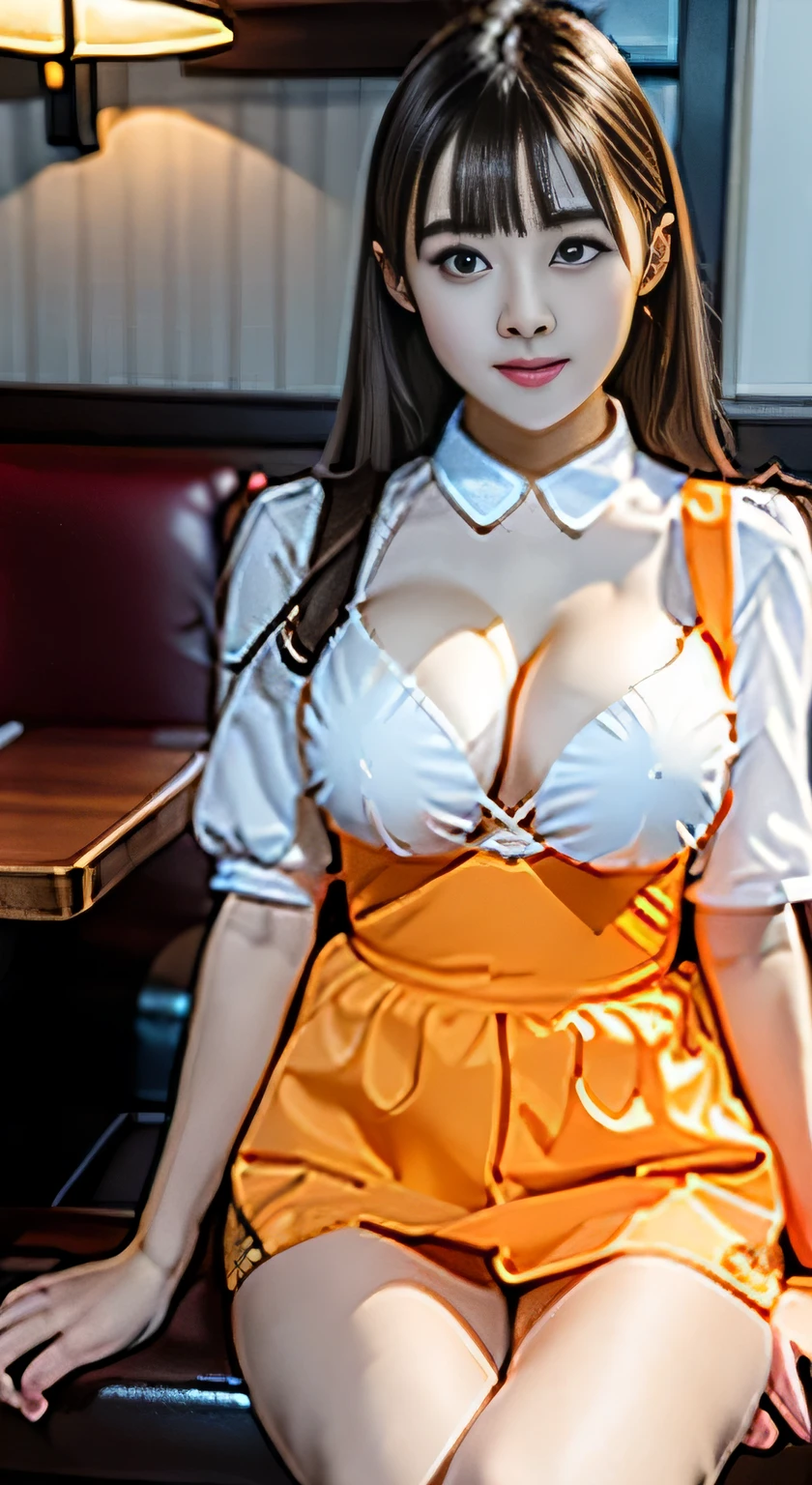 There is a woman sitting on a bench in a restaurant, anna millers uniform、Spread your legs,Showing white panties,Narrow waist、Big sexy ponytail、sexy、Girl to La(Girl and La)(Girl and La)(Girl and La)(Girl and La)(Girl and La)(Girl and La), Ayaka Cosplay, white and orange breastplate, Maid clothes, anime girl Cosplay, , Maid clothesを着て, Cosplay, Maid clothes, Open shirt、Her breasts are visible through her clothes、Cleavage、big breasts、Spread your legs