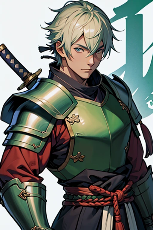 Japanese Male、late 30s、Sengoku Warlords、Green armor(breastplate、Shoulder rest、Hand guard、Complete)、Japanese sword on waist、Intelligent handsome man、Kind eyes、Blue back、whole body、
