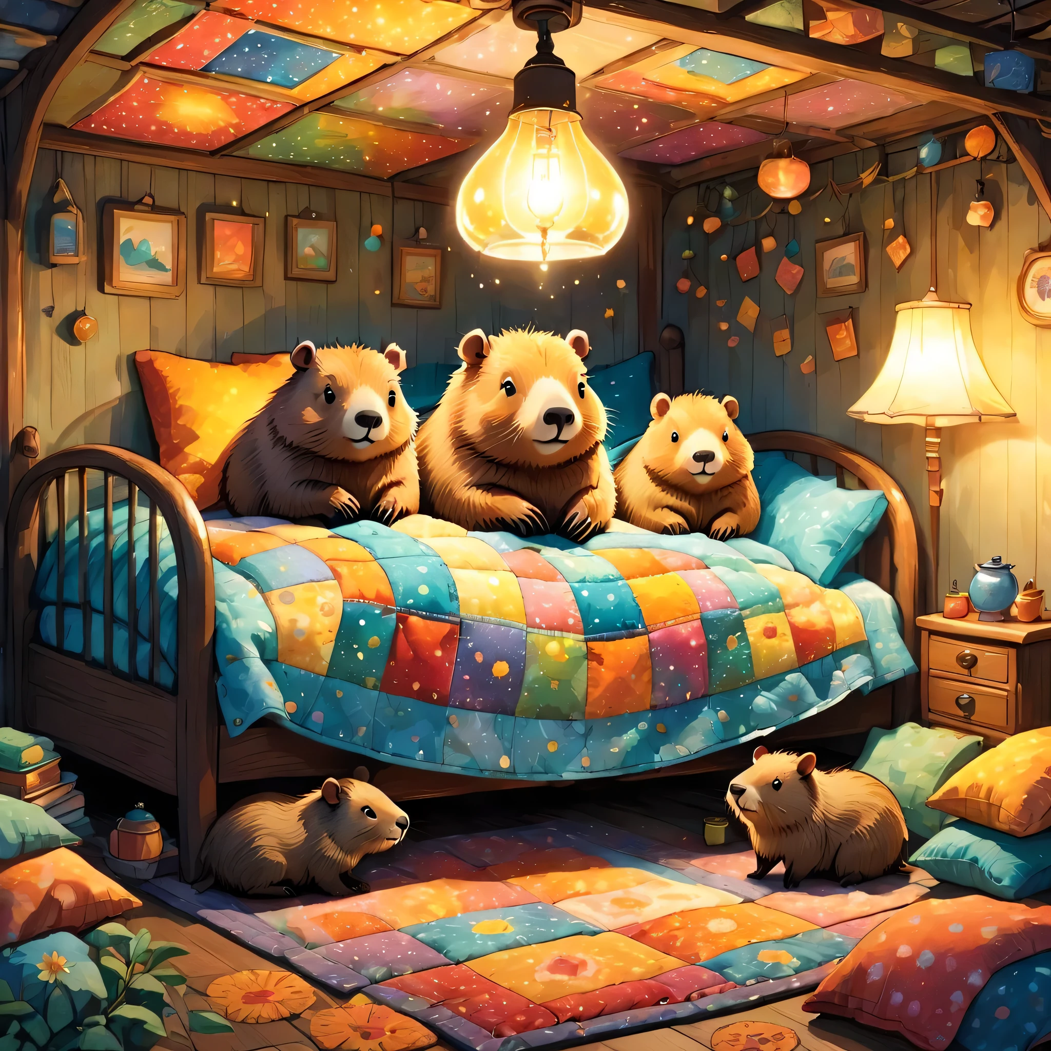 cuteAn illustrationカピバラの家,Capybara family:animal:hibernating:cute:Nestle:sleep:comfortable and warm:looks happy,An illustration,pop,colorful,draw with thick lines,color,dim,Lamp light,The hibernating Capybara family is asleep.:dream happy dreams,The house is warm and full of happiness,,colorful,Fancy,Fantasy,patchwork:quilt,detailed details,fluffy,Randolph Caldecott Style,Rich colors,Cast colorful spells,concentrated,The best configuration,Perfect composition,accent,An illustration that children will enjoy,For kids,feel warm,wonderful like a dream,Happy and fun looking capybaras,Little,Cast colorful spells,Sparkling,Anatomically correct