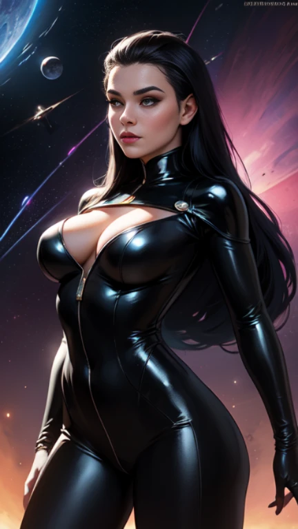masterpiece,very sharp LINEAR DRAW,((Disney style)),((The Perfect One Woman)),((one person)),retro space futurism, beautiful detailed face,hi-tech armor over catsuit, long hair,in deep space background,medium breasts,cleavage,highly detailed body
