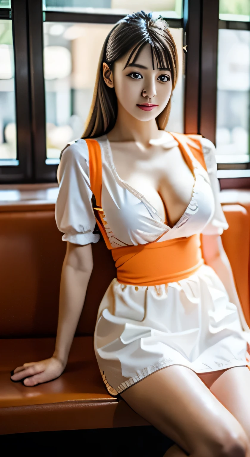 ((highest quality、8k、masterpiece:1.3))、Sharp focus:1.2、From the knee up、Beautiful woman:1.4、Slim Abs:1.2、(Natural soft light)、Skin Texture、There is a woman sitting on a bench in a restaurant, anna millers uniform、Spread your legs,Showing white panties,Narrow waist、sexy、 white and orange breastplate, Maid clothes, Cosplay, , Maid clothesを着て, Cosplay, Maid clothes, Open shirt、Her breasts are visible through her clothes、Cleavage、Spread your legs