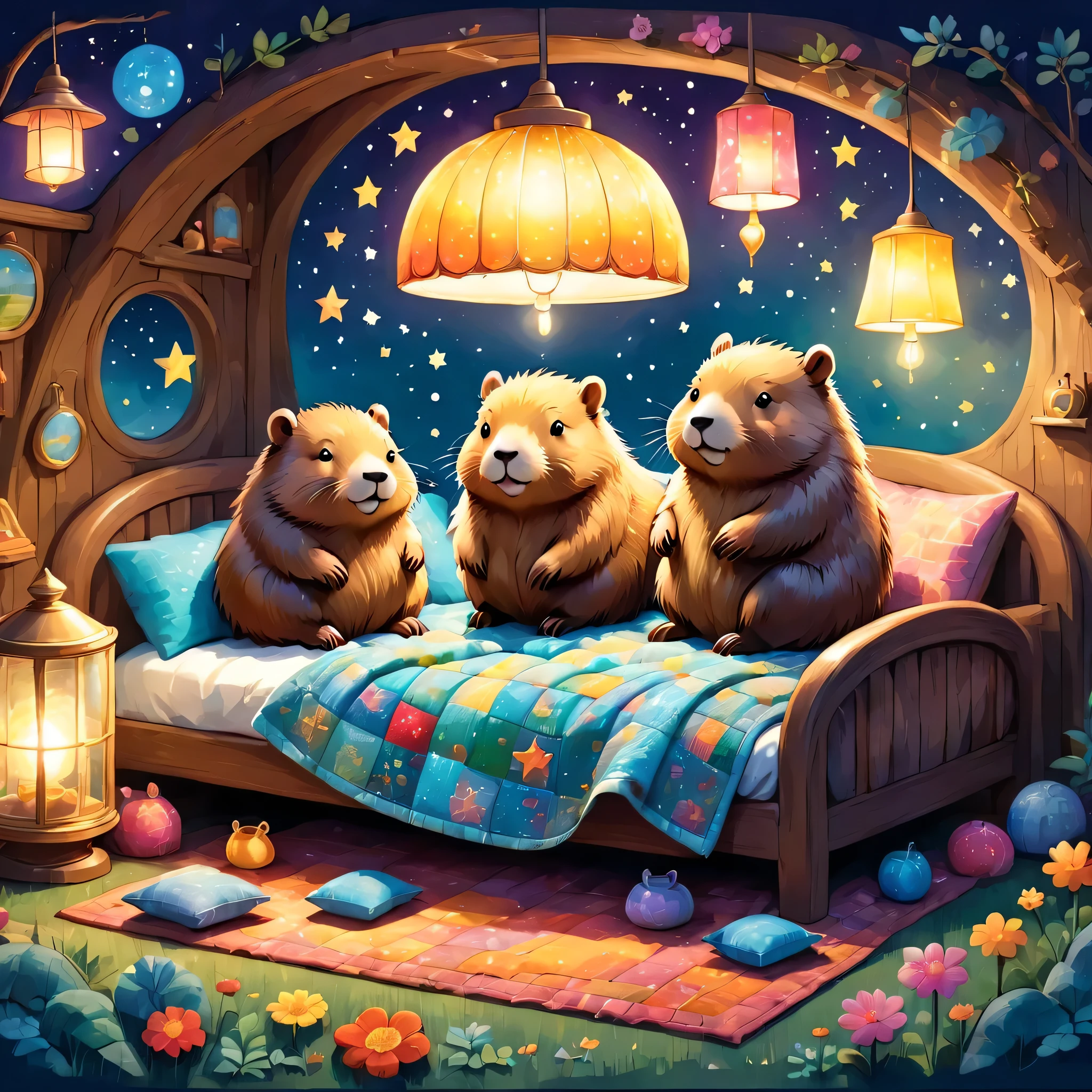 cuteAn illustrationカピバラの家,Capybara family:animal:hibernating:cute:Nestle:sleep:comfortable and warm:looks happy,An illustration,pop,colorful,draw with thick lines,color,dim,Lamp light,The hibernating Capybara family is asleep.:dream happy dreams,The house is warm and full of happiness,,colorful,Fancy,Fantasy,patchwork:quilt,detailed details,fluffy,Randolph Caldecott Style,Rich colors,Cast colorful spells,concentrated,The best configuration,Perfect composition,accent,An illustration that children will enjoy,For kids,feel warm,wonderful like a dream,Happy and fun looking capybaras,Little,Cast colorful spells,Sparkling,Anatomically correct