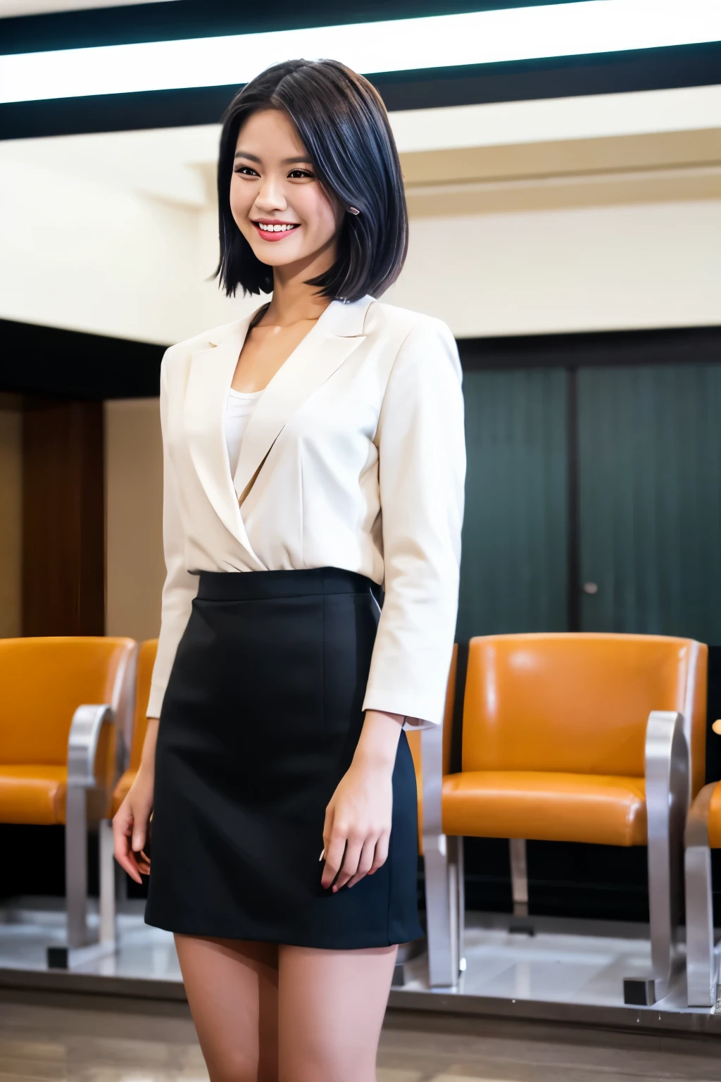 masterpiece,highest quality, (Young Filipino woman、28 years old), Glare, (Grey blazer), (White shirt:1.2), (Black pencil skirt:1.4)、double eyelid, eyelash, Lip gloss, (smile:1), (Looking at the audience、Upper Body)、(Stand facing forward:1.1), (Modern hotel lobby:1.6)、Written boundary depth、尖ったRed Mouth、(Black wet shiny short hair),Red Mouth,clavicle、(Full body portrait:1.6)、digital illustration, (Photorealistic:1.3),(RAW Photos)、smile、(Stand with your hands together in front of your body)、
information
