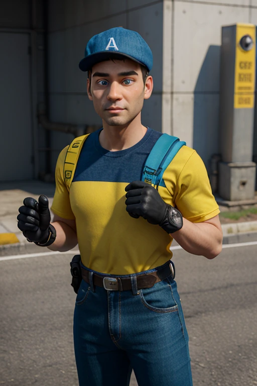 Create a man for a gas company with blue colors, amarelo e branco. With a blue cap on his head and a fanny pack. With black gloves in hand. The character is a 3d animation, estilo pixar. Sem fundo.