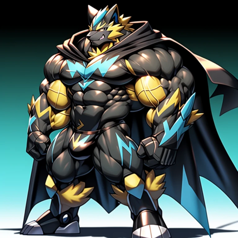 (Pokémon) Zeraora's giant robot. big muscle. GIANT. pecs, triceps, traps, waist narrow. bulge in the crotch, wears a small black string thong that reveals huge, muscular thighs. (metallic color: jet black thong) body full of huge muscles. bulge in the crotch, wears a small black string thong that reveals huge, muscular thighs. (metallic color: jet black thong) He wears a black cloak on his back. The cloak is so long that it touches the ground,