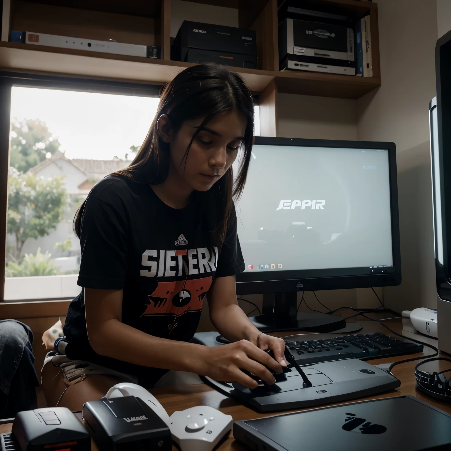 una imagen en primera persona de alguien jugando en una pc gamer en su setap gamer