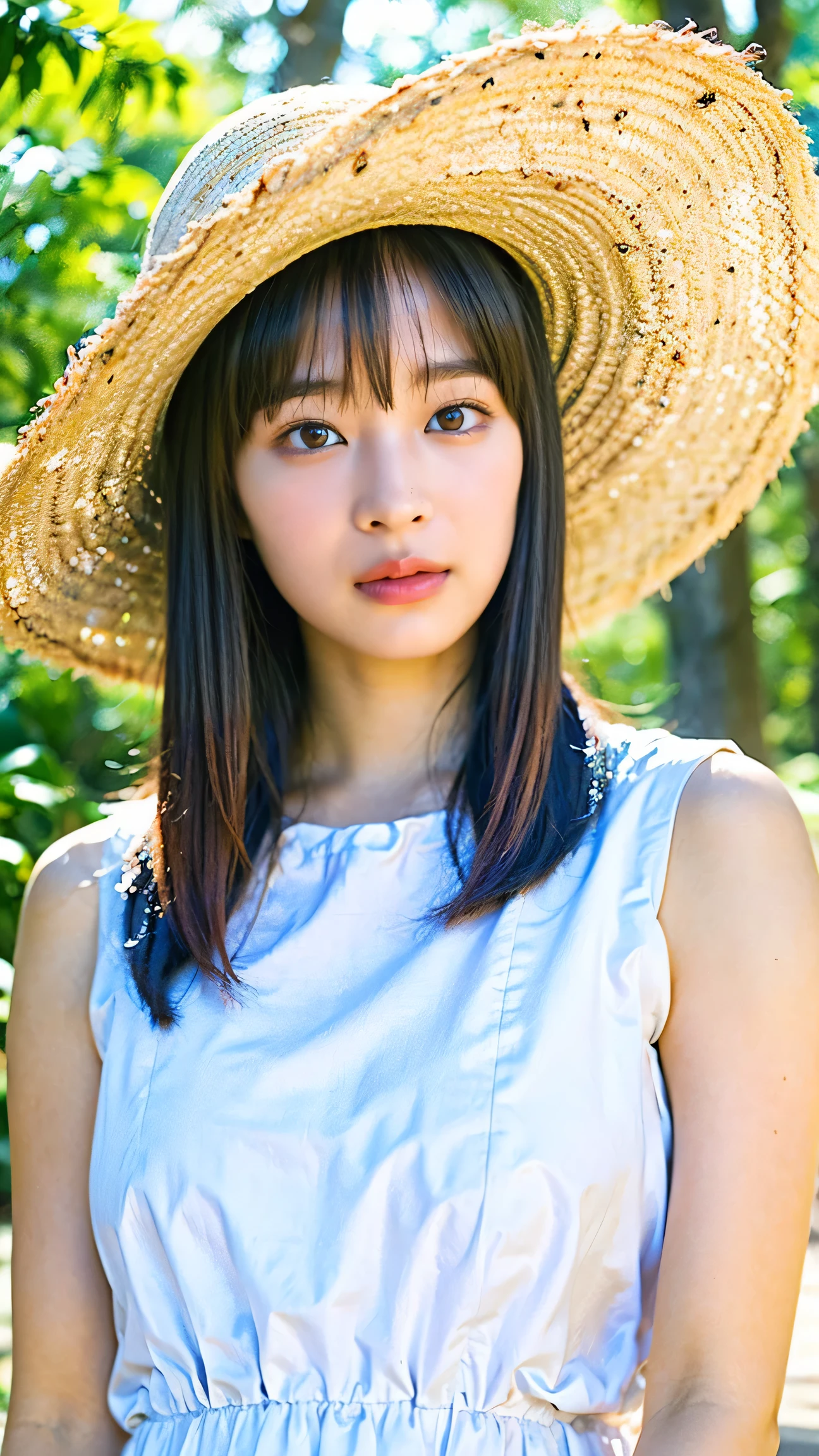 (8k、RAW Photos、highest quality、masterpiece:1.2)、(Realistic、Photorealistic)、1 girl、((White dress、Straw hat、See-through、silk、Big Breasts、in the forest、Sandalium Hair))、smile、Lots of eyelashes、Add shine to your eyelids、skeletally correct