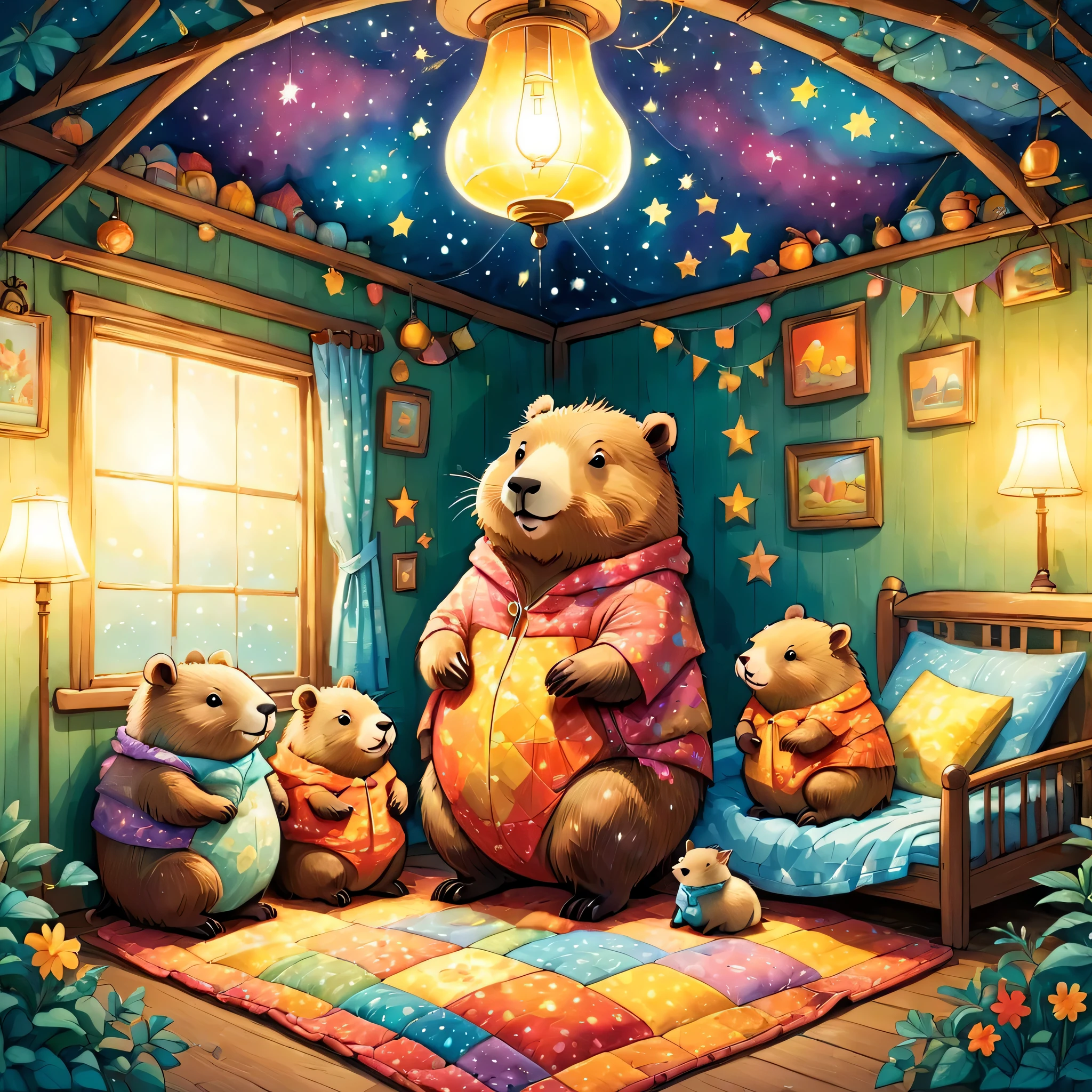 cuteAn illustrationカピバラの家,Capybara family:animal:hibernating:cute:Nestle:sleep:comfortable and warm:looks happy,An illustration,pop,colorful,draw with thick lines,color,dim,Lamp light,The hibernating Capybara family is asleep.:dream happy dreams,The house is warm and full of happiness,,colorful,Fancy,Fantasy,patchwork:quilt,detailed details,fluffy,Randolph Caldecott Style,Rich colors,Cast colorful spells,concentrated,The best configuration,Perfect composition,accent,An illustration that children will enjoy,For ,feel warm,wonderful like a dream,Happy and fun looking capybaras,Little,Cast colorful spells,Sparkling,Anatomically correct