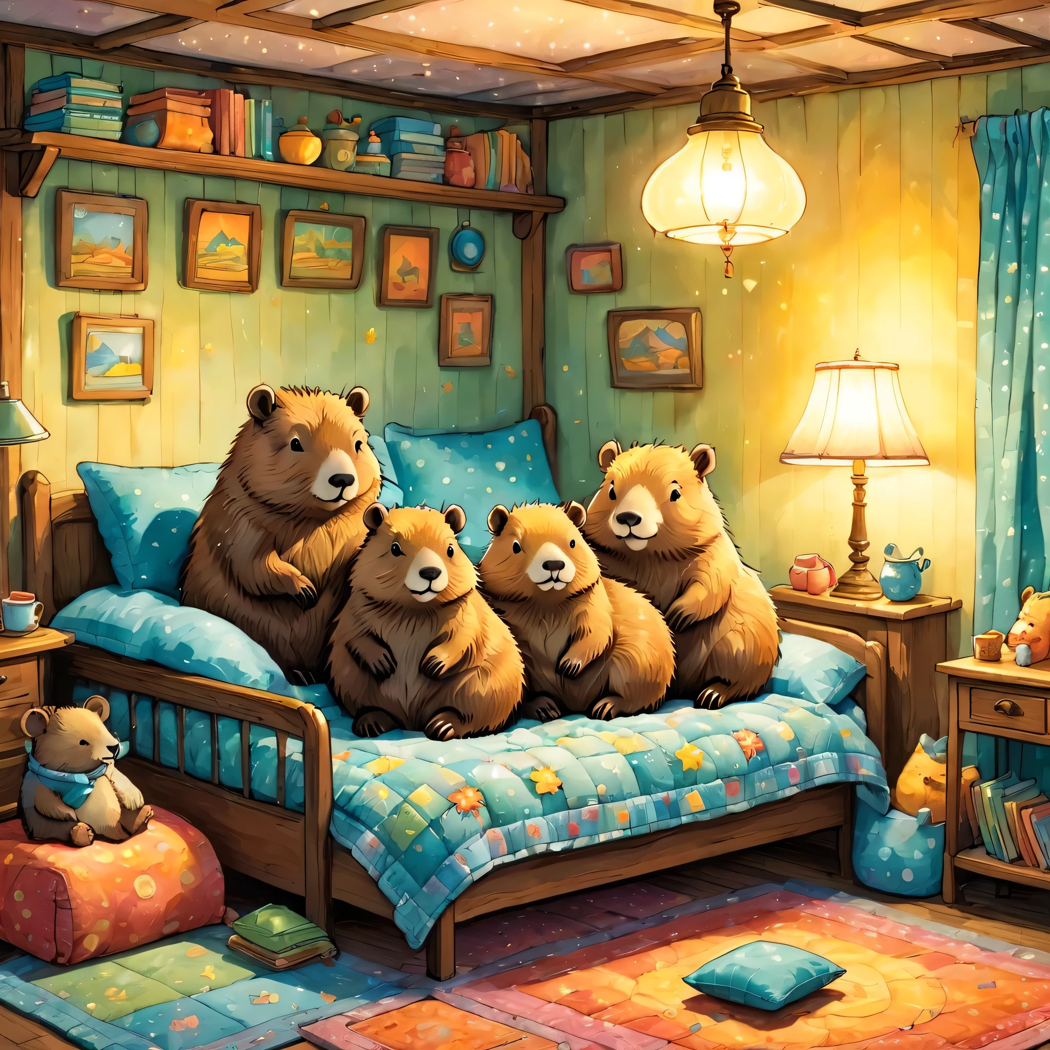 cuteAn illustrationカピバラの家,Capybara family:animal:hibernating:cute:Nestle:sleep:comfortable and warm:looks happy,An illustration,pop,colorful,draw with thick lines,color,dim,Lamp light,The hibernating Capybara family is asleep.:dream happy dreams,The house is warm and full of happiness,,colorful,Fancy,Fantasy,patchwork:quilt,detailed details,fluffy,Randolph Caldecott Style