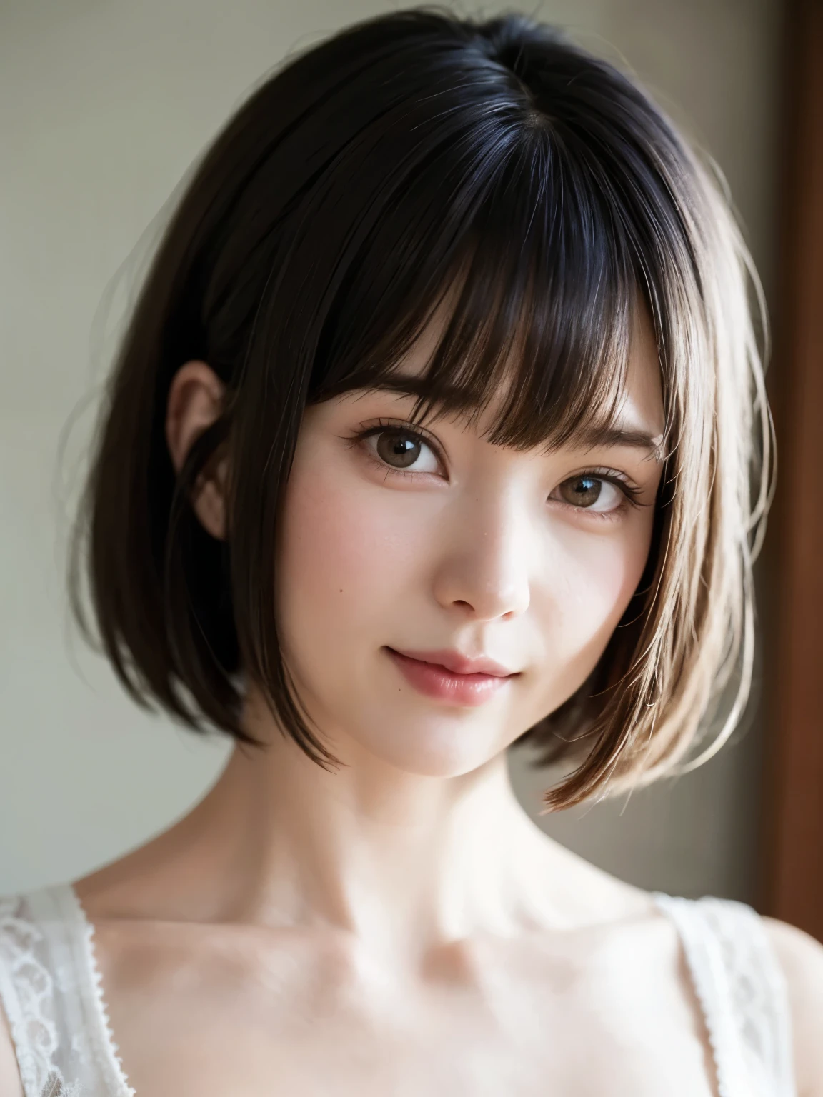 1 girl、highest quality、Realistic、alone、Written boundary depth、Natural soft light、Daytime、charm、Beautiful Face、Cleanliness、Pure Face、White skin、cute、Bob Hair、short hair、bright hazel eyes:1.6、Beautiful Lips、美しいLong neck、Beautiful décolletage、bangs、Beach、Light of the sun、Nedium Breast Body Esbian、((黄金比のBeautiful Face、 対称性のあるBeautiful Face、Dutch Angle Shot、Elevation))、Long neck、Show me your ears、Stick out your ears。bangsのあるきれいな短いBob Hair、smile with your mouth closed、Perfect hands指、Perfect hands、Perfect body、Perfect Face、Shine a light into your eyes、Perfect Anatomy:1.6、とてもcuteスーパーモデル:1.6、{Huge|big|Hugeな|Mega} chest, chestの谷間、smile:1.6、Very beautiful teeth:1.6