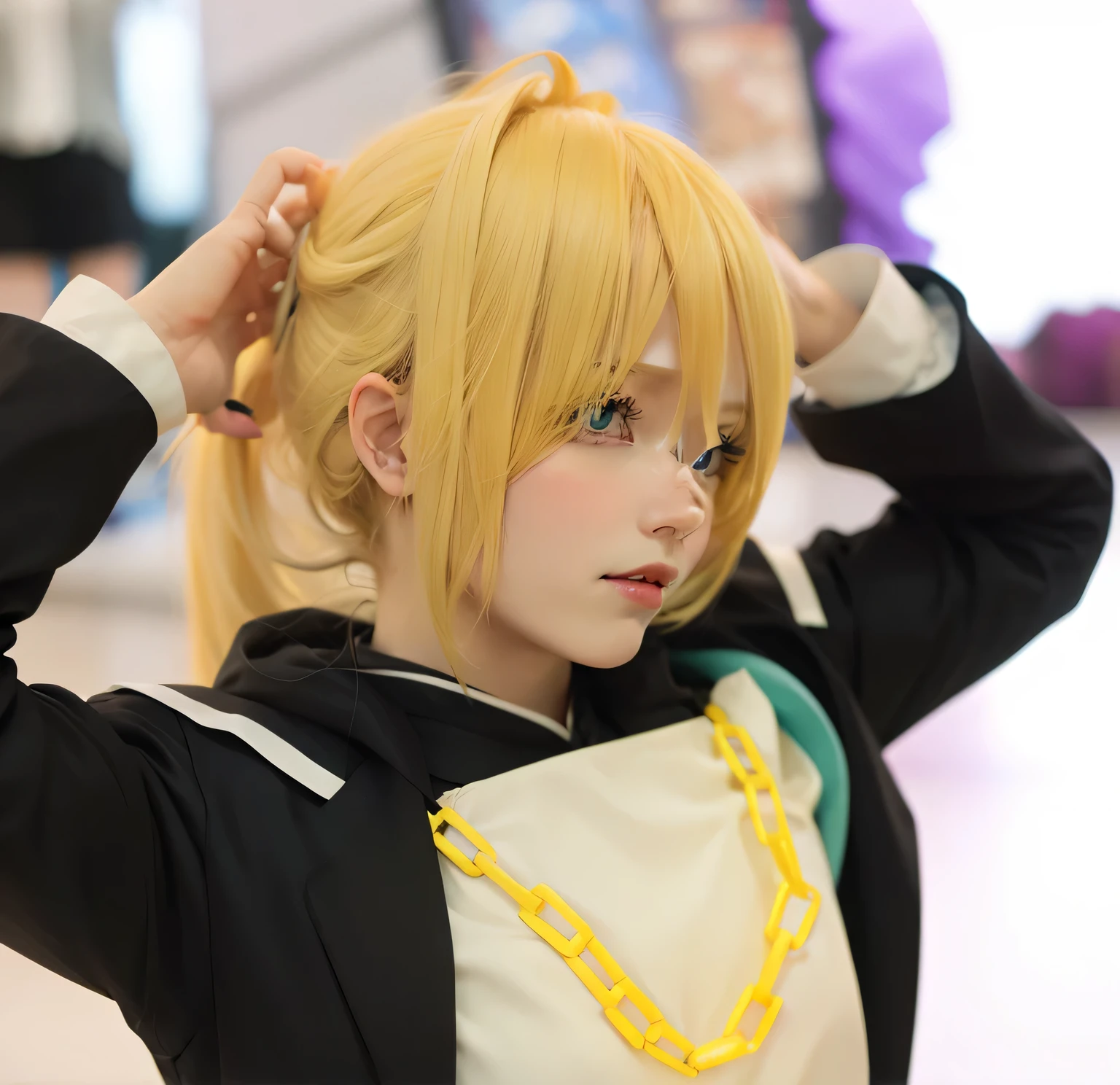 Wearing black and white suit、Blonde woman wearing a chain, anime role play, role player, anime girl role play, role play photo, still, kagamine still, role play, Portrait Portrait reol like woman, Shot with Canon 80D, Shot with Canon EOS 5D, professional role play, ayaka role play, konosuba's aqua, role player dressed like a crab