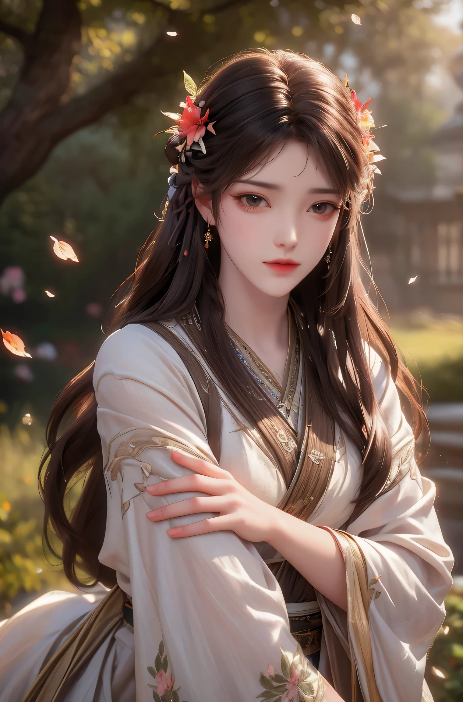 (best quality,ultra-detailed,photorealistic:1.37),vivid colors,studio lighting,beautiful detailed eyes,beautiful detailed lips,extremely detailed eyes and face,long eyelashes,portraits,light brown hair,confident expression,feminine,standing in a garden,soft sunlight,green scenery,flower blossoms,peaceful atmosphere,artistic touch,textured brushstrokes,subtle color variations,brilliant white highlights,delicate movements,graceful pose,slight breeze,rustling leaves,sophisticated style,professional artwork,female beauty.