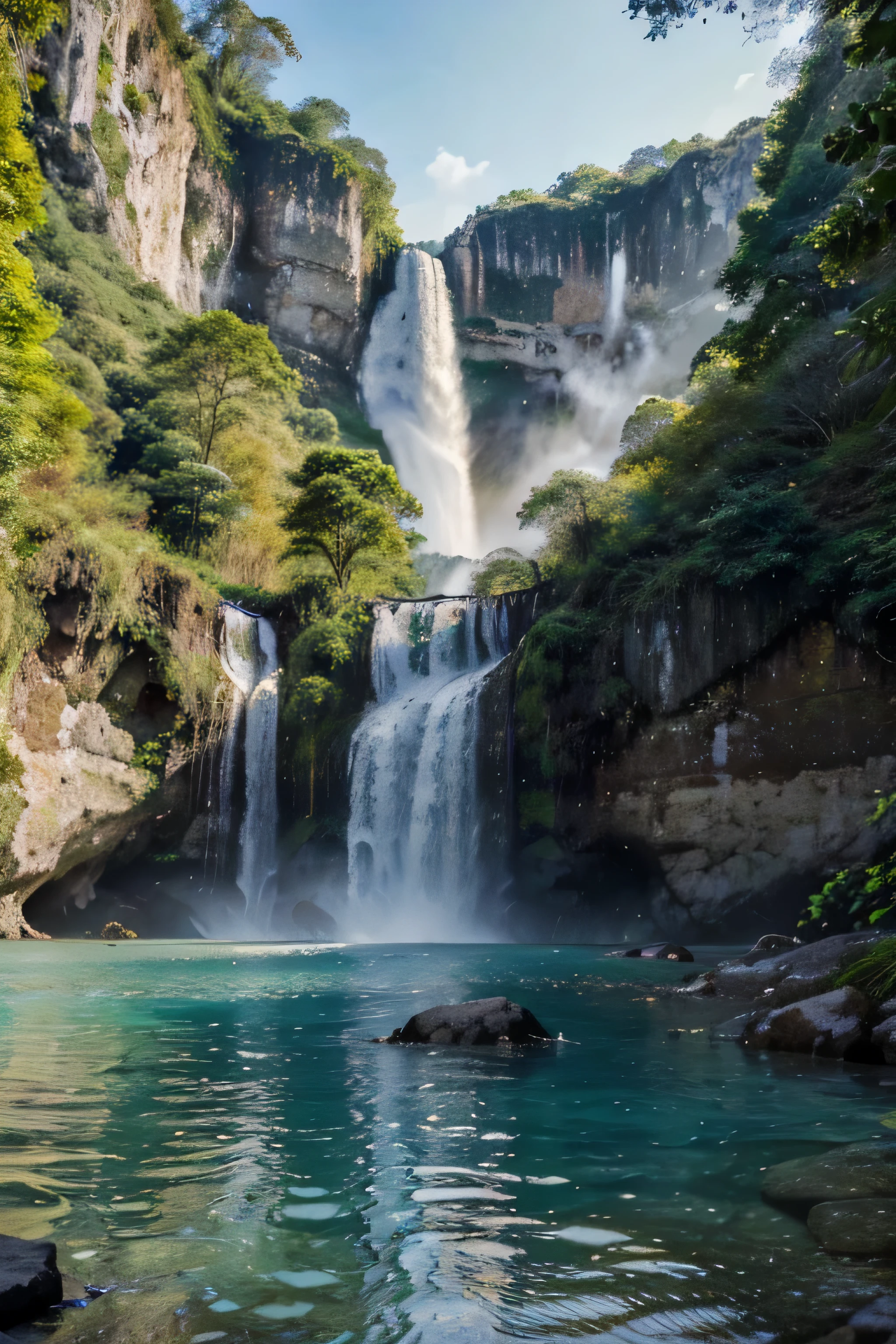 best quality,highres,(realistic:1.37),landscape,waterfall,natural beauty,wonderful scenery,splashing water,majestic view,sunlit,dense foliage,vivid colors,refreshing,serene atmosphere,crystal clear pool,roaring sound,cascading water,misty spray,spectacular sight,photographic masterpiece