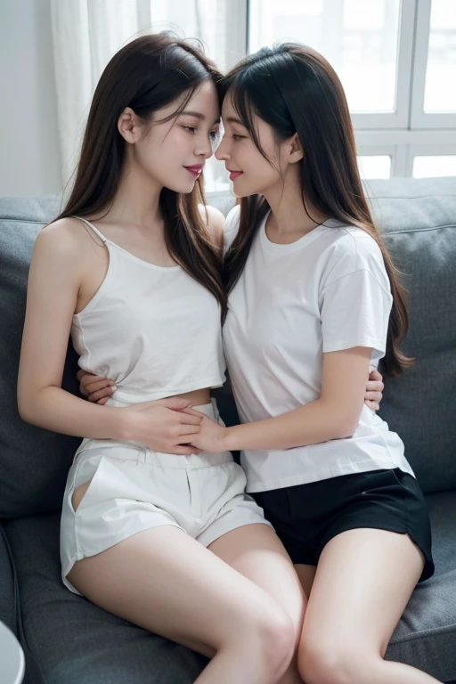 japanese, linda, small, , realisitic, overskirt, top, twogirls, hugging, cheek kiss, thigh sock, sisters aged 14 aphotoshot