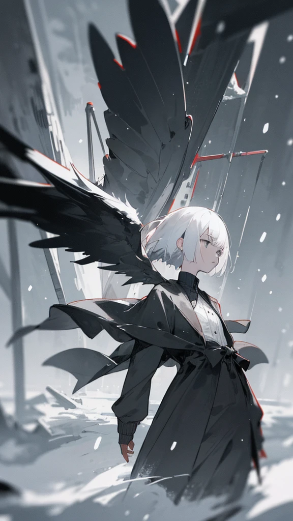 (masterpiece、highest quality)、Short nape hair、1 girl with very short white hair、Black cardigan、Grim expression、Grey Eyes、Warm lighting、 Blurred foreground、night深く、High Contrast、night、In the city,it's snowing,Heavy snowfall,winter,Alone in the vast snowy field,whole body,curse,Facing forward,Huge construction,Flying with robot wings