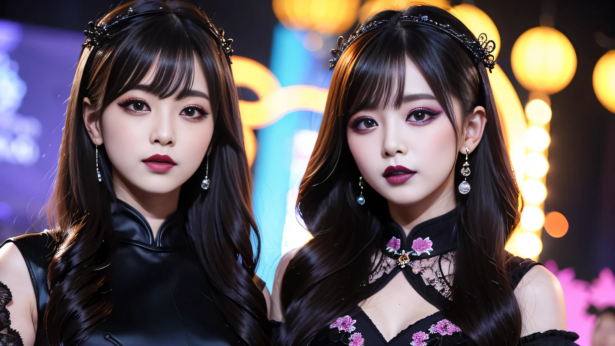 2girls、best quality、ultra-detailed、4k、Japanese、Seductive beauty、seductive adult woman、Pretty Woman、cool girl、Villainess、Brainwashed、brainwash、Fallen into evil、smirk、Evil look、Wicked Smile、evil、Brown hair、wavy hair、swept bangs、dark makeup、dark makeup、piercing eyes、hollow eyes,half-closed eyes、Hollow Eyes、Purple Eyeshadow、black lipstick、black lipglos、Long Black Cheongsam、Wide sleeves、night、inside Live stage、Applying lipstick、