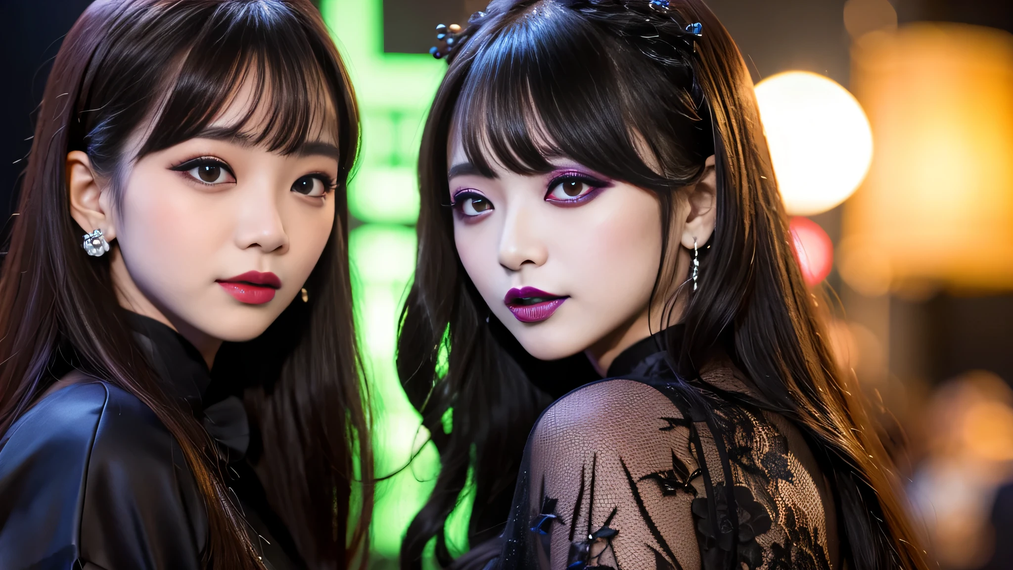 2girls、best quality、ultra-detailed、4k、Japanese、Seductive beauty、seductive adult woman、Pretty Woman、cool girl、Villainess、Brainwashed、brainwash、Fallen into evil、smirk、Evil look、Wicked Smile、evil、Brown hair、wavy hair、swept bangs、dark makeup、dark makeup、piercing eyes、hollow eyes,half-closed eyes、Hollow Eyes、Purple Eyeshadow、black lipstick、black lipglos、Long Black Cheongsam、Wide sleeves、night、inside Live stage、Applying lipstick、