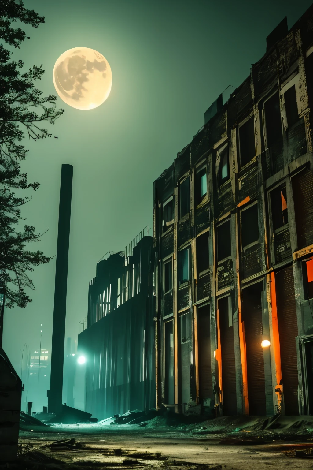 night factory, Abandoned Factories, night view, retro, moon light, dark scene, dark mist, horror, high detailed, high quality, real shadow, masterpiece,