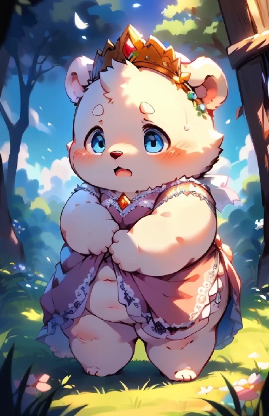 White Bear Boy，male，White ears，blue eyes，individual，obesity，Shorty，Fat Face，Short legs，Short limbs，Wedding headdress，Wedding dresses、Get dressed，cute，nervous，blush，grassland，daytime