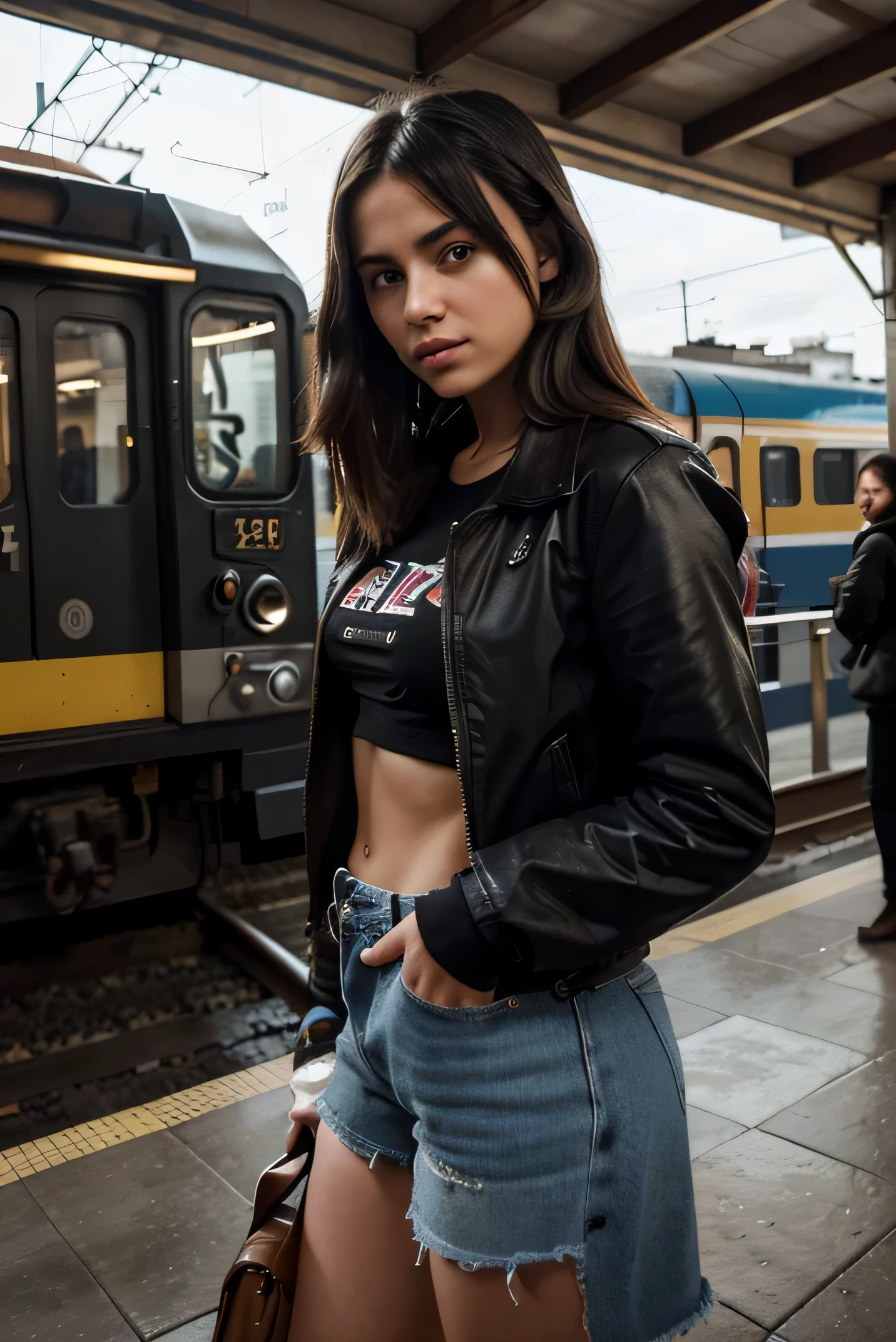at the train station, A 19-year-old Russian girl is on the platform between two trains., con pelo largo negro, black plastic waist underwear, chaqueta negra de cuello alto, falda camisola negra, escote, muslos expuestos, estilo punk, Vista frontal, in front of the camera, temperamento despreocupado, and a cinematic style, Mejor calidad,obra maestra,ultra high resolution,
