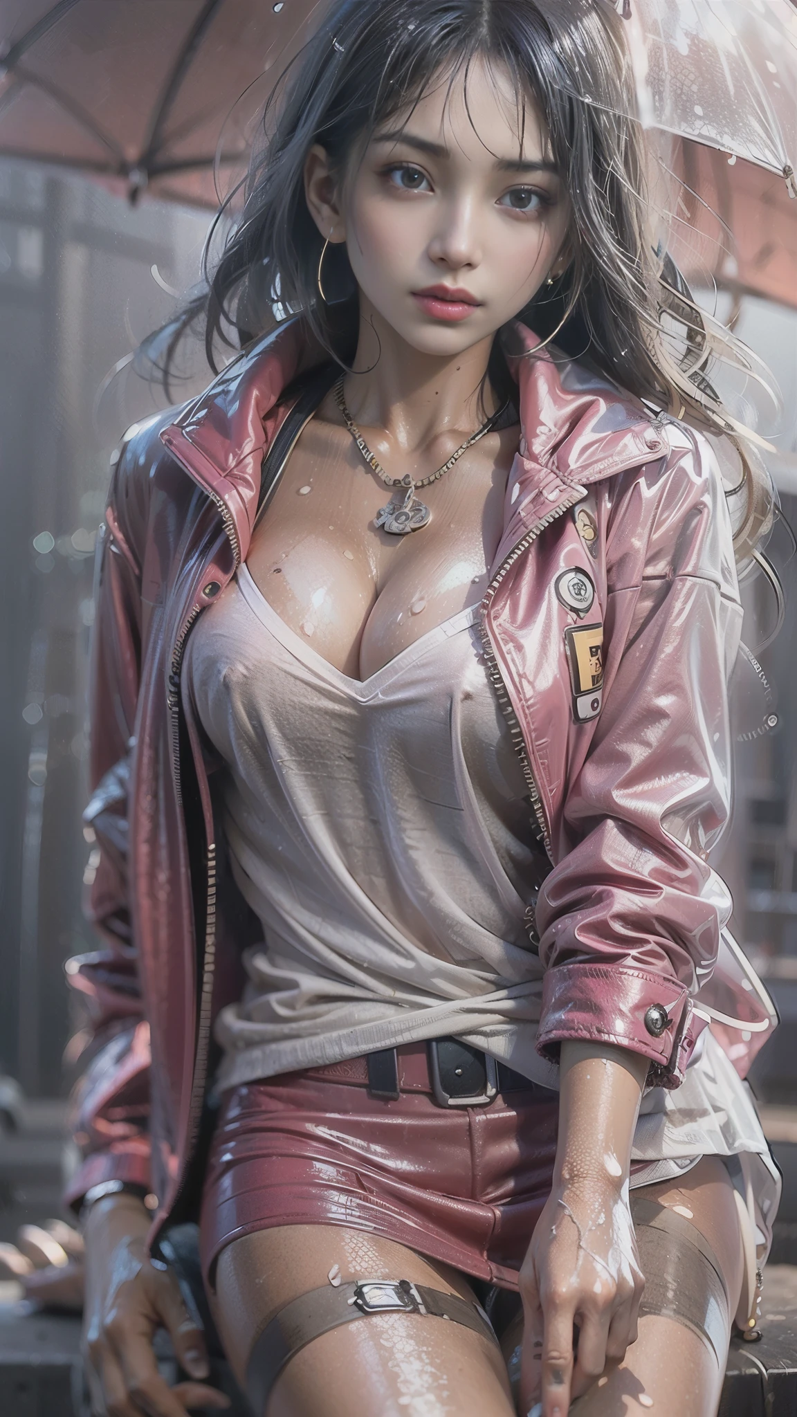 (Realistic:1.5, 16k, highest quality, masterpiece, Ultra-high resolution), ((Typhoon heavy rain, From below)), Perfect dynamic composition:1.2, (Modern city at night, Expressions of sadness:0.9, Sit on the stairs:1.0), Highly detailed skin and facial textures:1.2, Young Japanese woman getting wet in the rain:1.3, Incredibly slim body:1.2, Fair skin:1.2, Sexy beauty:1.1, beautifully、beautiful:1.1, Very beautiful face:1.2, Water droplets on the skin, (The rain drips down on my body:1.2, Wet body:1.2, Wet Hair:1.3), (Wet pink tight skirt:1.2, Wearing wet casual clothes:1.3), (Shapely large breasts, Chest gap), (Big eyes that exude beautiful eroticism:0.8, Lips that exude beautiful eroticism:0.8), necklace, Earrings, bracelet, wedding ring, Shoulder bag, clock, Cowboy Shot