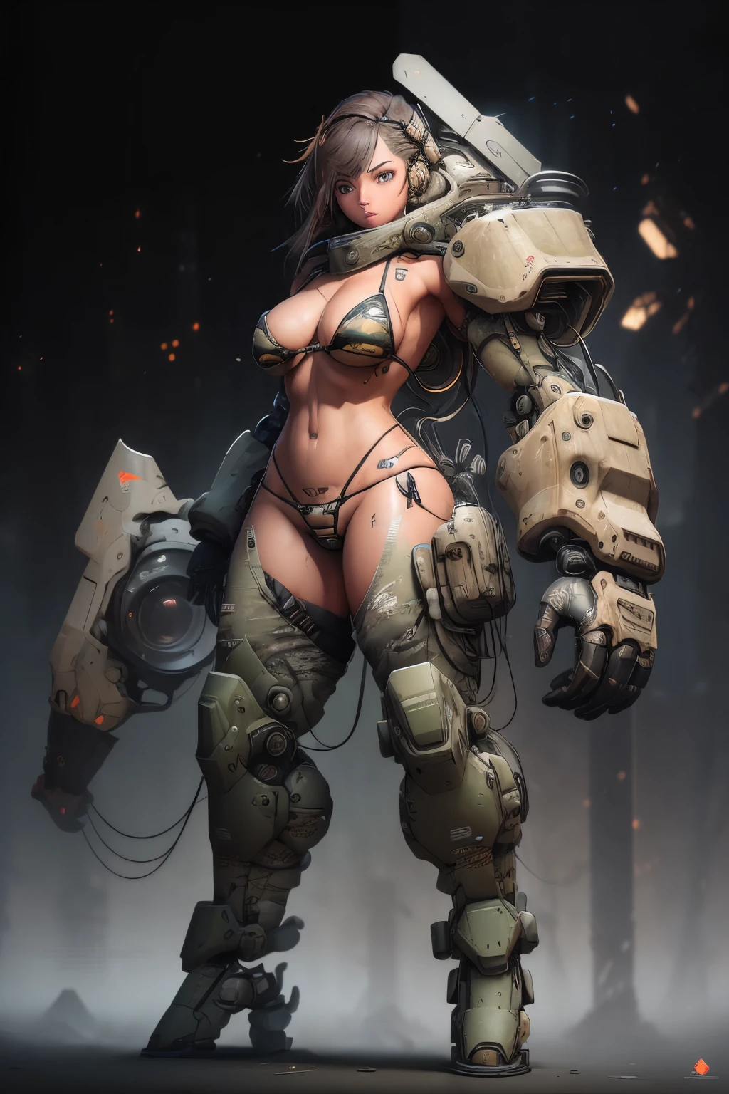 Beautiful woman in a slingshot bikini with camo patterns, mechanical bikini with camo patterns, tattered military gear, mechanized soldier girl, oversized mechanical exoskeleton oversized robotic gauntlet arms and robotic boots legs with camo patterns, inspired by Masamune Shirow, girl in mecha armor with camo patterns, mechanized valkyrie girl, cushart kenz, cool mecha style, bikini-armor with camo patterns, infantry girl, Bare Skin, Athletic Well Toned Body, sweaty skin, Barely Clothed, cammo patterns, Beautiful Face, dieselpunk Theme, Fiverr Dnd Character, Octane Render, Digital Art, Extreme Detail, 4k, Ultra Hd, Polished, Beautiful, Hyperdetailed, Intricate, Elaborate, Meticulous, Photorealistic, Sharp Focus, Wlop, Character Design, Unreal Engine, 3d Rendered, Volumetric Lighting, Reflections, Glossy, Digital Illustration, Pose, Suggestive Pose, Lewd, Full Body Shot, naked, vissible nipples, puffy vagina, anatomically correct 💖❤💕💋