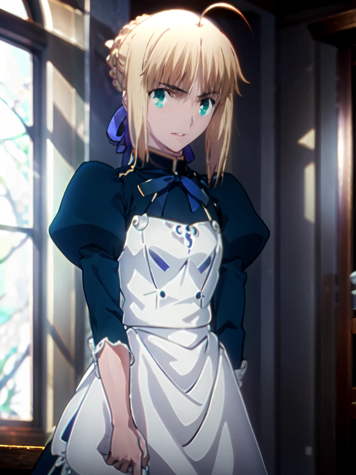 (masterpiece:1.4), (best quality:1.4) anime, highres, 1girl, artoria pendragon \(fate\), fair skin, large breast, night time, little ahoge, blue ribbon, green eyes, White shirt, blue skirt, brown apron, happy, blush, little smile, sit, in the bedroom, face focus, from the front, looking at viewer, good pose, night time, close up view