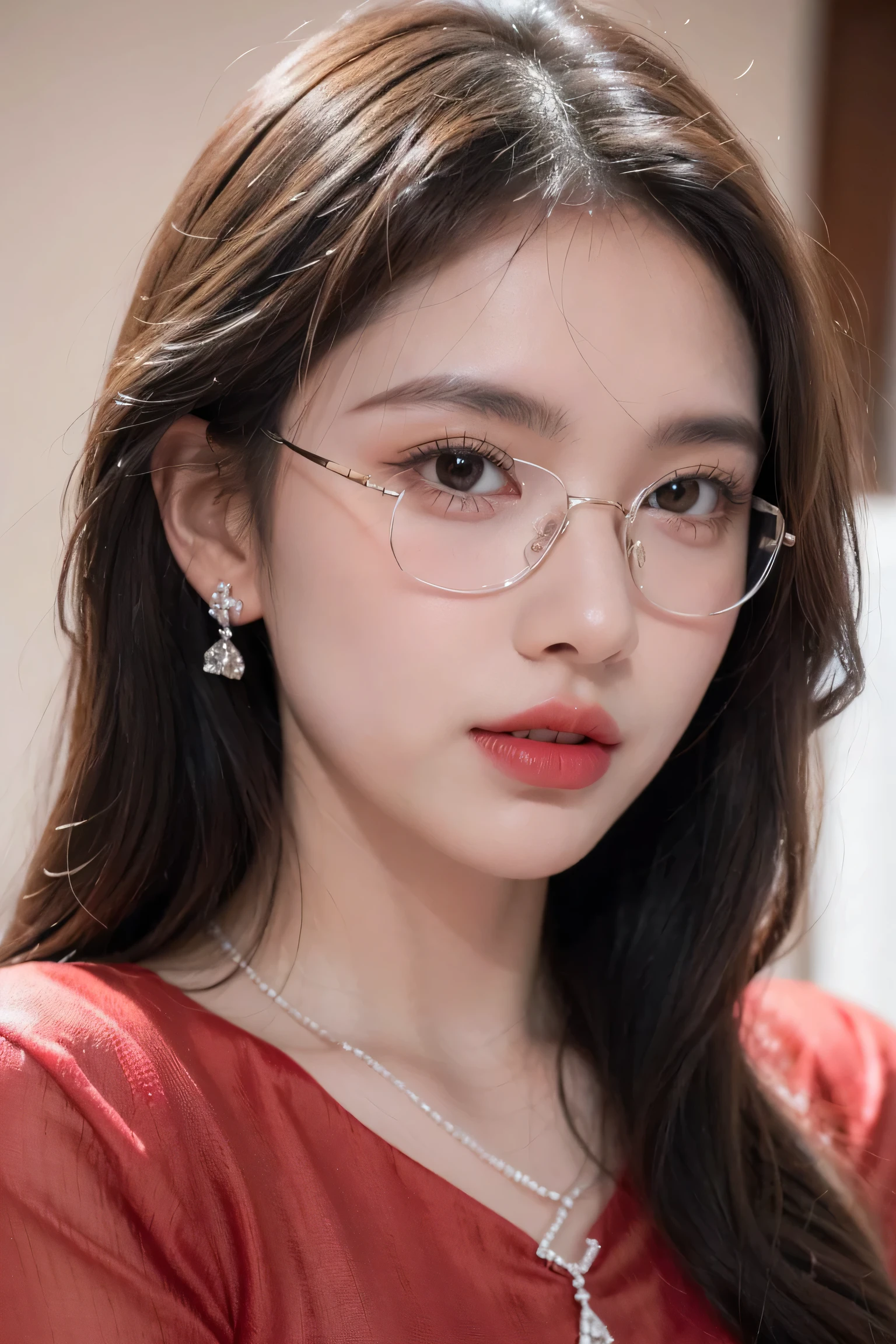 Top CG, Highest image quality, masterpiece, Gentle and beautiful girl, (185cm美女), (fit), Imperial sister, Queen temperament, White skin, ((Long legs)), perfect facial features, Bright Eyes, Seductive pose, Red lips, Beautiful and cold (A major breakthrough)), Beautiful and heroic, Soft and long hair, Glittering, Lace, net, Visible through clear skin, wear glasses, diamond earrings, ruby neckLace, (Red Dress), 8K Image Quality, (Realistic Portraits), Characters fill the screen, (Facial lighting), ((eternal)