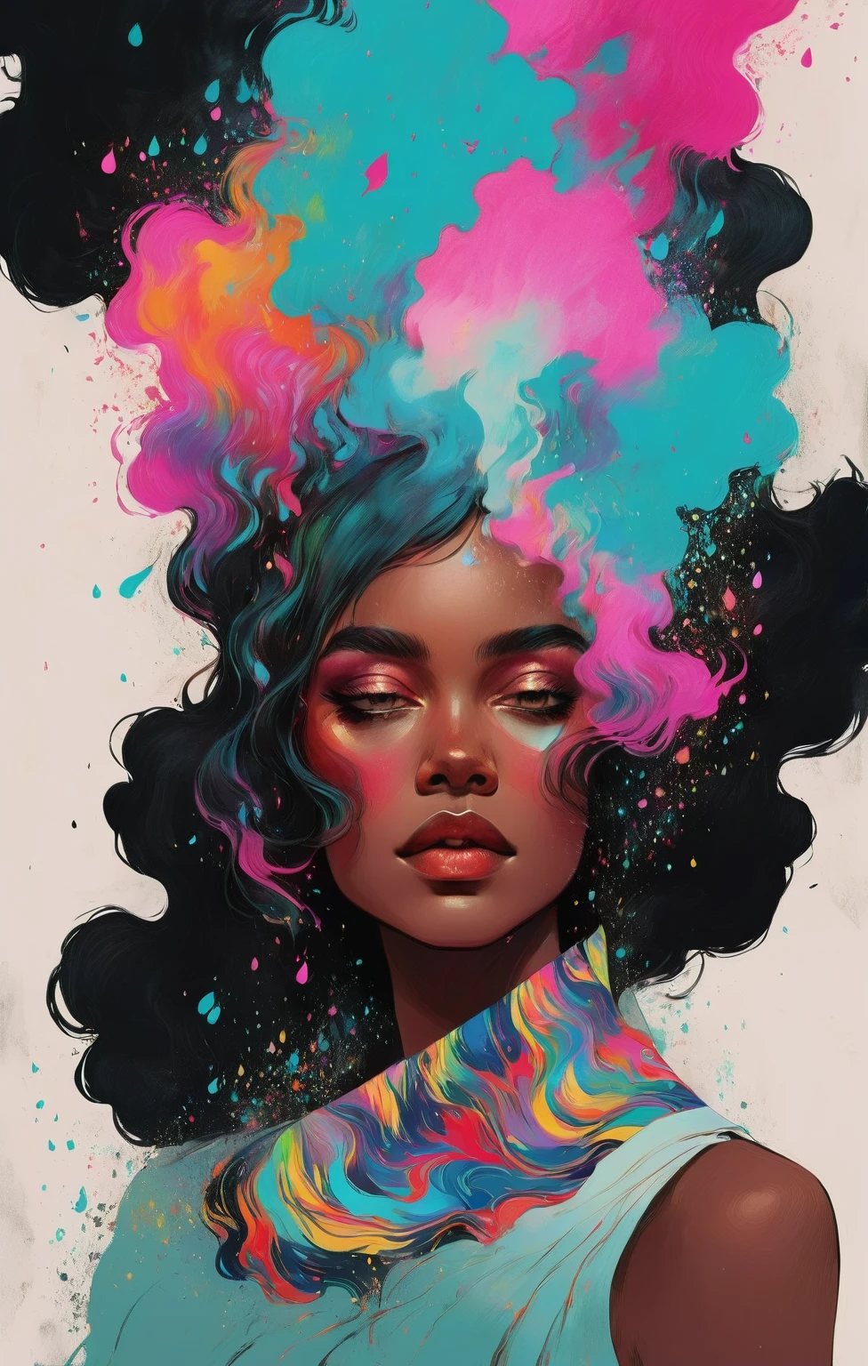 chiaroscuro technique on sensual illustration of an elegant queen (((long hair with bangs:1.4、Beautiful bangs) , vintage ,silky dress, matte painting, by John Singer Sargent, by Harumi Hironaka, abstract background, (upper body:1.5), Rainbow rain, highly detailed, digital artwork, high contrast, dramatic, refined, tonal, an intimate, seductive studio setting with a focus on sensuality and romance. Utilize soft, warm lighting that bathes the space in a gentle, inviting glow. Incorporate luxurious fabrics, plush furnishings, and a touch of decadence to evoke an opulent ambiance. The scene should exude an air of serenity and anticipation, inviting the viewer into a sensual and romantic space