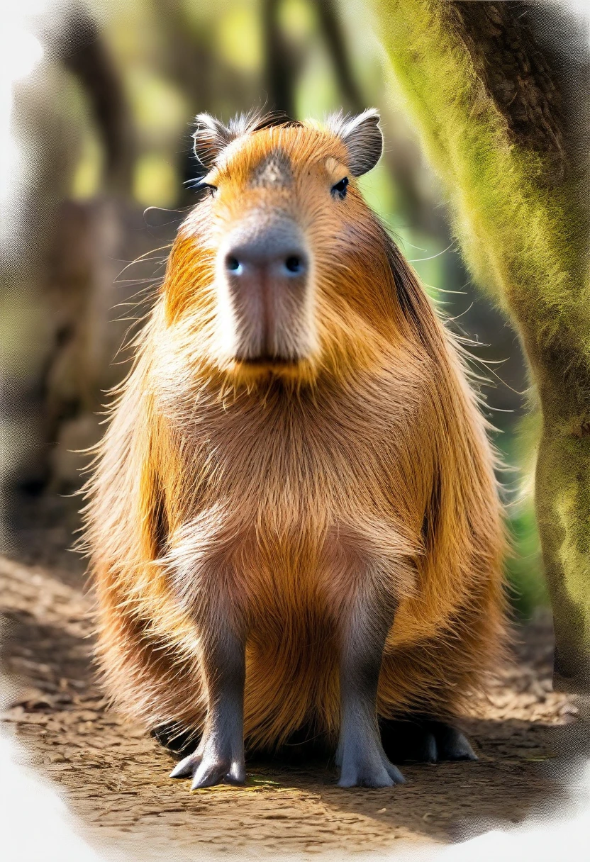 A Capybara, (best quality, realistic:1.2),peaceful,capybara,capybara in a grassy field,brown furry capybara,brown fur,big round eyes, soft lighting,gentle shadows,sitting quietly relaxed,capybara sitting, nature animals,grassy field,green grass,bright sunny warm, realistic detailed artwork,detailed fur texture,high-res image,capturing every strand of fur, peaceful atmosphere,tranquil scene,serene, soft and calming colors,earth tones,brown and green color palette, blissful expression,content and at ease,capybara's relaxed posture, nature-inspired lighting effect,subtle sunlight filtering through the trees, immersive artwork,feeling as if you can reach out and touch the capybara's fur.
