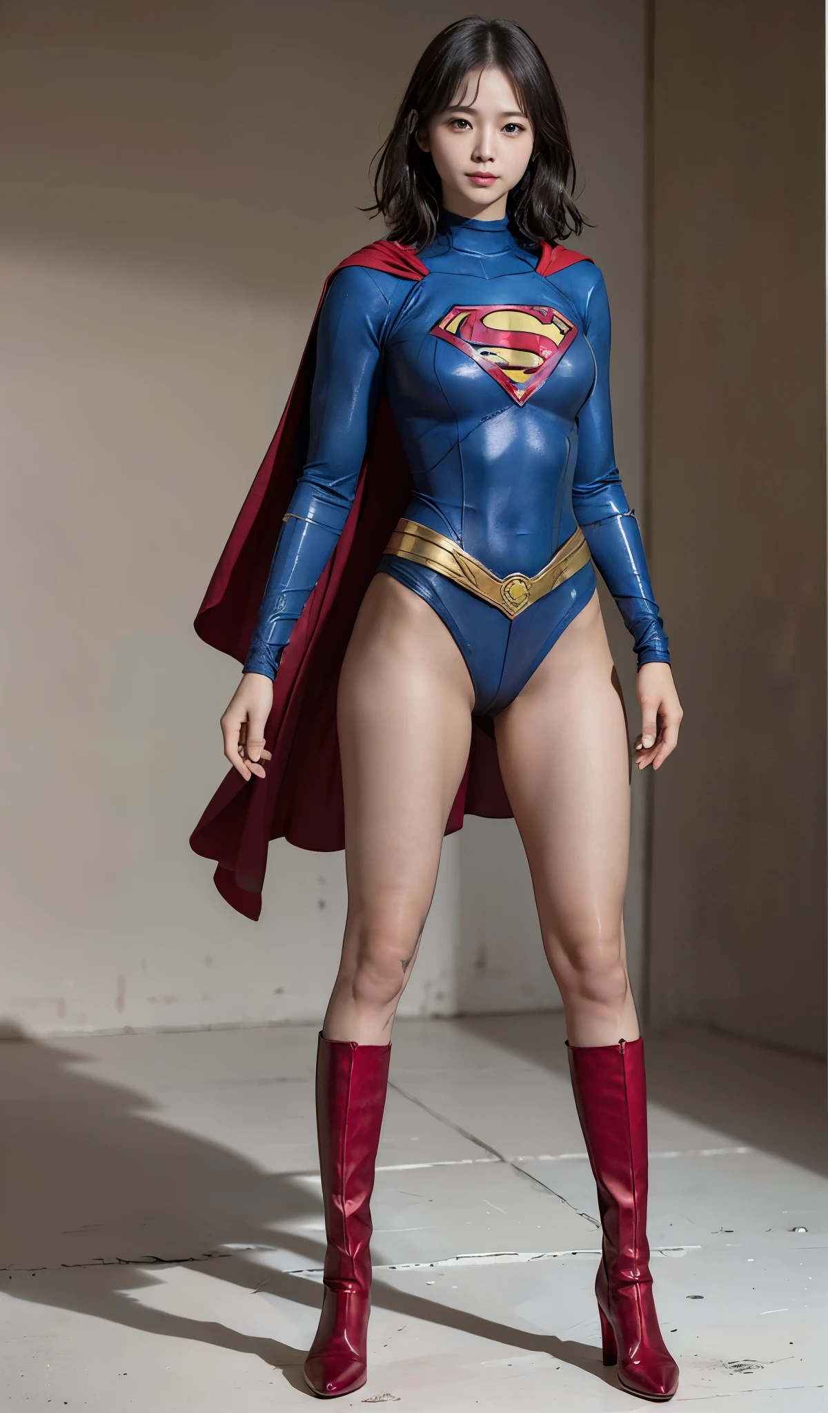 No background、(((Beautiful legs in black tights.)))、(((Legally express the beauty of your smile)))、((((Make the most of your original images)))、(((Supergirl Costume)))、(((beautiful short bob hair)))、(((suffering)))、(((Please wear black tights....、Wear red boots)))、((Best image quality、8K))、((highest quality、8K、masterpiece:1.3))、(((Preserve background )))、Sharp focus:1.2、Beautiful woman with perfect figure:1.4、Thin abdominal muscles:1.2、Wet body:1.5、Highly detailed face and skin texture、8K