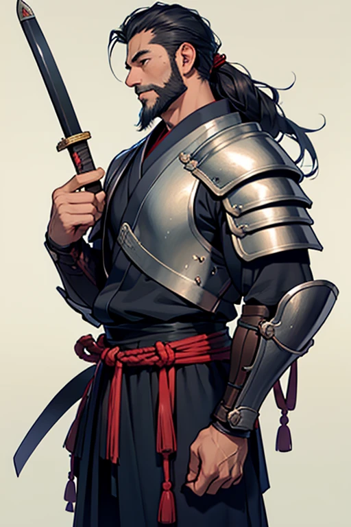 Takeda Katsuyori、Japanese Male、Early 40s、Sengoku Warlords、Vermilion armor（pocket、breastplate、Shoulder rest、Hand guard、Complete）、Japanese sword on waist、Rugged face、Sharp Eye、rich beard、shortage々Long hair、Blue back、whole body、Muscular、legs are short、Unusually large upper body、
