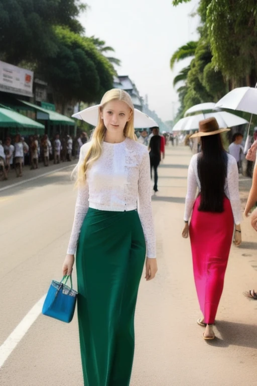 European girls have blonde hair; He has pale skin and blue eyes. She is 190 cm tall. Walking on the Street. She is doing a photoshoot for a magazine issue at Yangon in Myanmar.A group of Spain girls are coming.