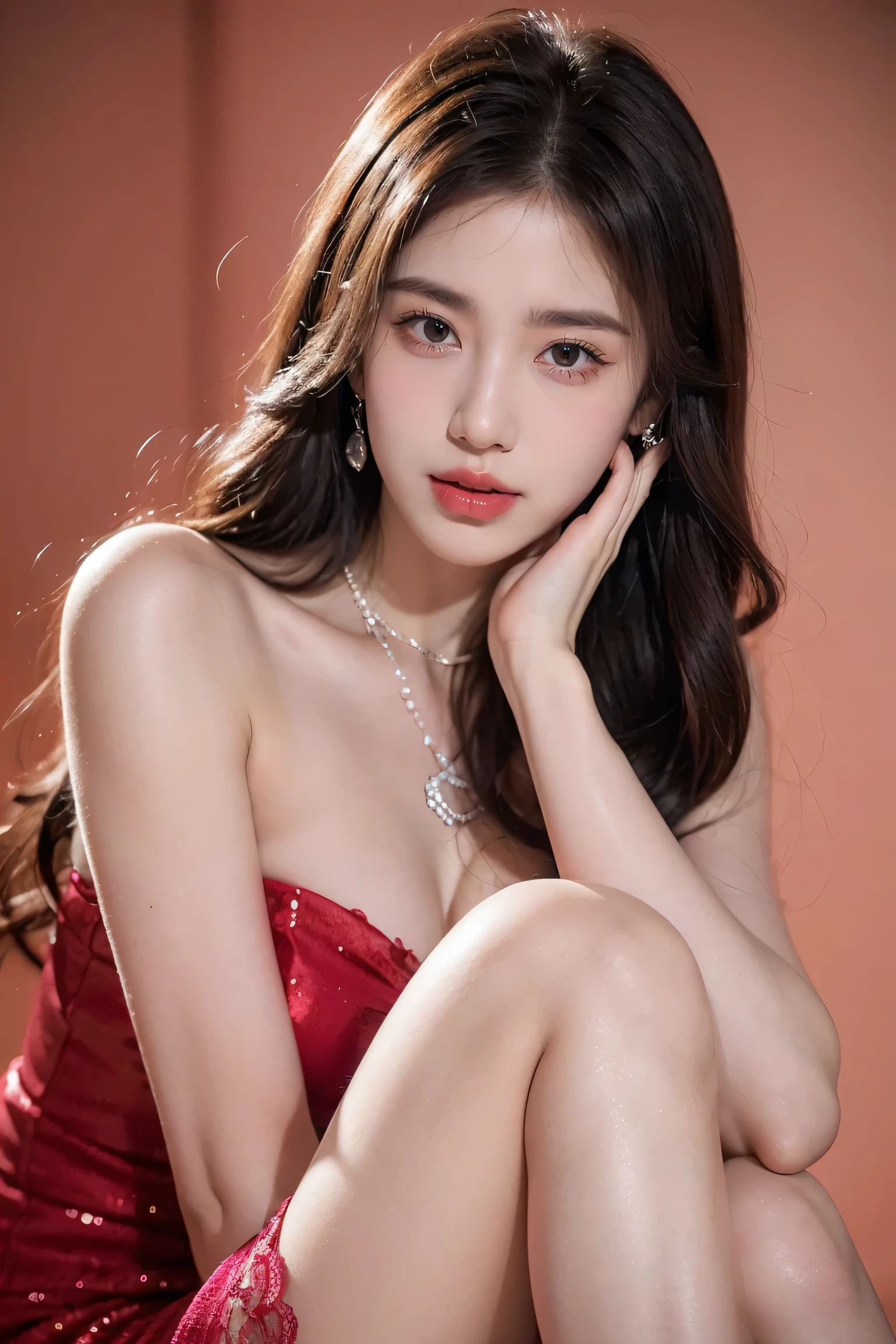 Top CG, Highest image quality, masterpiece, Gentle and beautiful girl, (185cm美女), (fit), Imperial sister, Queen temperament, White skin, ((Long legs)), perfect facial features, Bright Eyes, Seductive pose, Red lips, Beautiful and cold (A major breakthrough)), Beautiful and heroic, Soft and long hair, Glittering, Lace, net, Visible through clear skin, wear glasses, diamond earrings, ruby neckLace, (Pink dress), 8K Image Quality, (Realistic Portraits), Characters fill the screen, (Facial lighting), ((eternal)