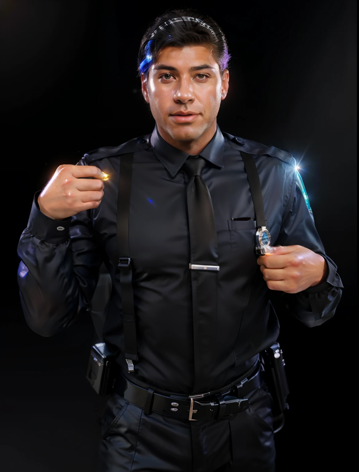 A male police officer wearing a black shirt and a utility belt and tie, holding a walkie-talkie., , and a police badge. afroamerican black man. glossy texture, smooth 3d model, multiple light sources, rim light, sharp post effects render, (glossy plastic texture with multiple big light probe refractions), perfect cgi, smooth silhouette, high intensity refraction, (super glossy material), most beautiful vfx, blue background, plastic refractions, realistic, 4k, high resolution, rim light, photo shoot, commercial photo, profile shot, 4k, rim light, high resolution, 4k, glossy texture, smooth 3d model, multiple light sources, rim light, sharp post effects render, (glossy metallic texture with multiple big light probe refractions), perfect cgi, cgi art created only with gradients, smooth silhouette, high intensity refraction, (super glossy chrome material), most beautiful vfx, blue background, chrome metal refractions, multiple light sources, rim light, sharp post effects render, perfect cgi, digital art, detailed digital art, reflective, best quality, 4k, masterpiece:1.2, ultra-detailed, realistic, vivid colors, dark and moody lighting, The image of the highest quality, ensuring every detail showcased perfectly. It in 4k resolution, allowing viewers to immerse themselves in the richness of the colors and intricate details. The realistic rendering. under the spotlight, reflecting, high-resolution image, realistic rendering, dark background, and rim light photorealistic