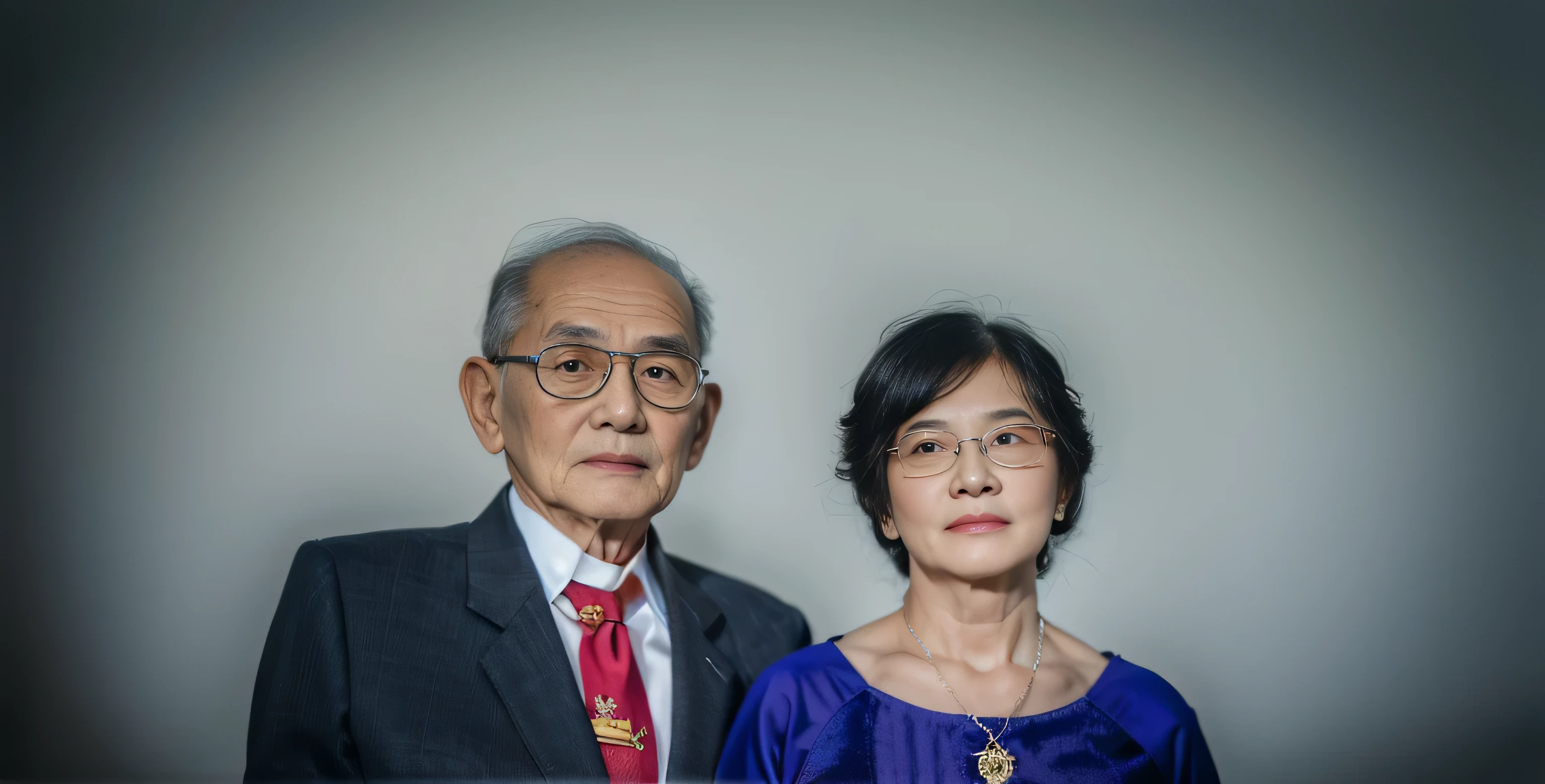 Highly realistic photo, ((masterpiece), (best quality), (raw photo), (photorealistic:1.4), A photo of an old Vietnamese couple in elegant attire. The man 80 years old, is wearing a blue suit and tie with a red shirt, white hair. The woman 75 years old, wears a aodai with a dark pink outline on her shoulder line and a green gemstone necklace. They both wear glasses against a white background, in the photorealistic style , photo taken by Sony A7IV