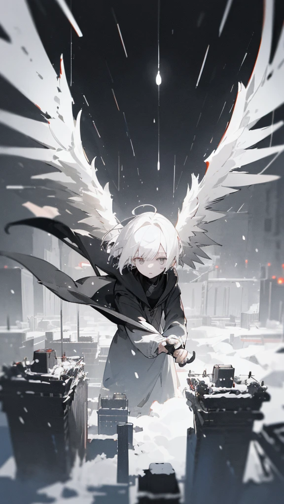 (masterpiece、highest quality)、Short nape hair、1 girl with very short white hair、Black cardigan、Grim expression、Grey Eyes、Warm lighting、 Blurred foreground、night深く、High Contrast、night、In the city,it&#39;s snowing,Heavy snowfall,winter,Alone in the vast snowy field,whole body,curse,Facing forward,Huge construction,Flying with robot wings