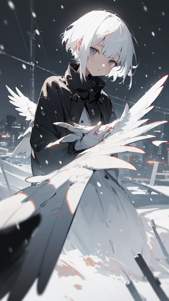 (masterpiece、highest quality)、Short nape hair、1 girl with very short white hair、Black cardigan、Grim expression、Grey Eyes、Warm lighting、 Blurred foreground、night深く、High Contrast、night、In the city,it's snowing,Heavy snowfall,winter,Alone in the vast snowy field,whole body,curse,Facing forward,Huge construction,Flying with robot wings