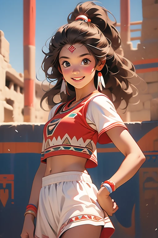native american, aztec, girl, athletic, ball game, aztec wall, short brown hair, smile