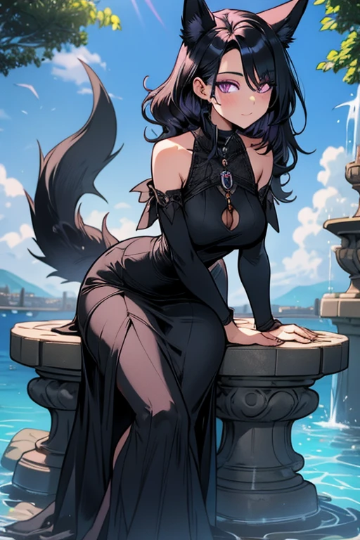 A black haired woman with purple eyes and an hourglass figure with black fox ears and a black fox tail wearing a conservative ball gown is sitting on the edge of a water fountain