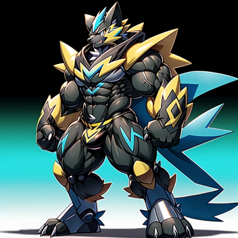 (Pokémon) Zeraora's giant robot. big muscle. GIANT. pecs, triceps, traps, waist narrow. bulge in the crotch, wears a small black string thong that reveals huge, muscular thighs. (metallic color: jet black thong) body full of huge muscles. bulge in the crotch, wears a small black string thong that reveals huge, muscular thighs. (metallic color: jet black thong) He wears a black cloak on his back. The cloak is so long that it touches the ground, crossed arms. The claws are sharp,
Sharp teeth, Protecting Zeraora's design and color scheme. bulge in the crotch, wears a small black string thong that reveals huge, muscular thighs. (metallic color: jet black thong)