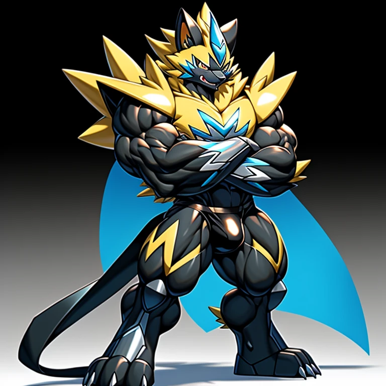 (Pokémon) Zeraora's giant robot. big muscle. GIANT. pecs, triceps, traps, waist narrow. bulge in the crotch, wears a small black string thong that reveals huge, muscular thighs. (metallic color: jet black thong) body full of huge muscles. bulge in the crotch, wears a small black string thong that reveals huge, muscular thighs. (metallic color: jet black thong) He wears a black cloak on his back. The cloak is so long that it touches the ground, crossed arms. The claws are sharp,
Sharp teeth, Protecting Zeraora's design and color scheme. bulge in the crotch, wears a small black string thong that reveals huge, muscular thighs. (metallic color: jet black thong)