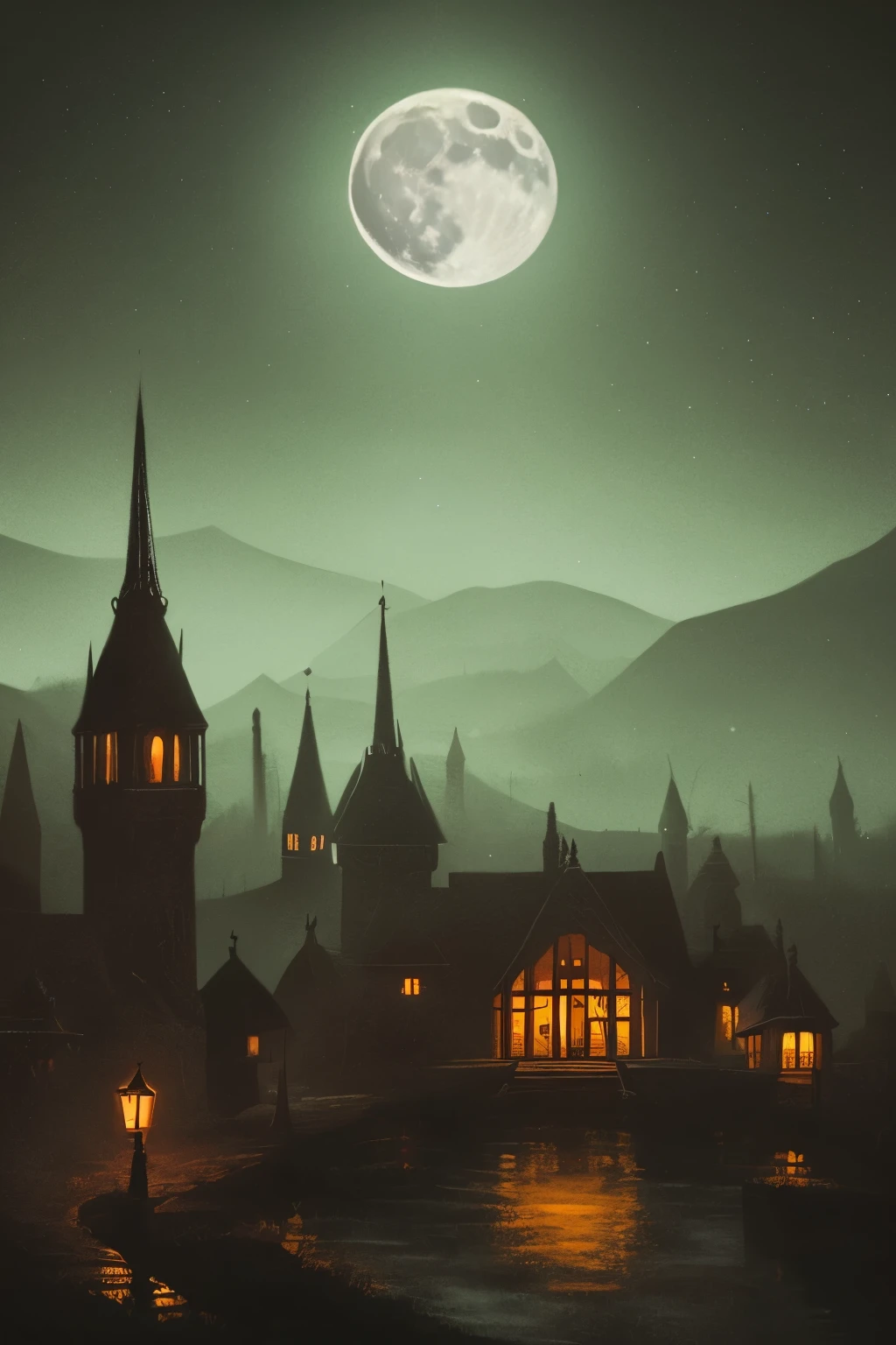 night town, night view, retro, moon light, dark scene, dark mist, horror, dark fantasy, high detailed, high quality, real shadow, masterpiece,