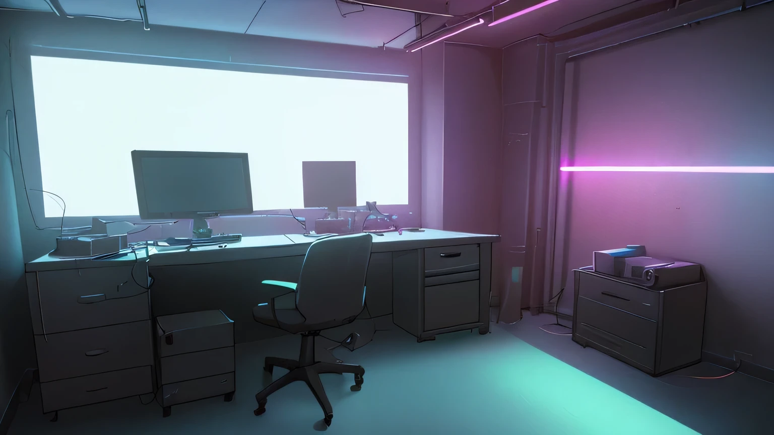 Realistic neon studio setup in the room,The room should have windows,Cyberpunk Background,Front view,There is also a desk.