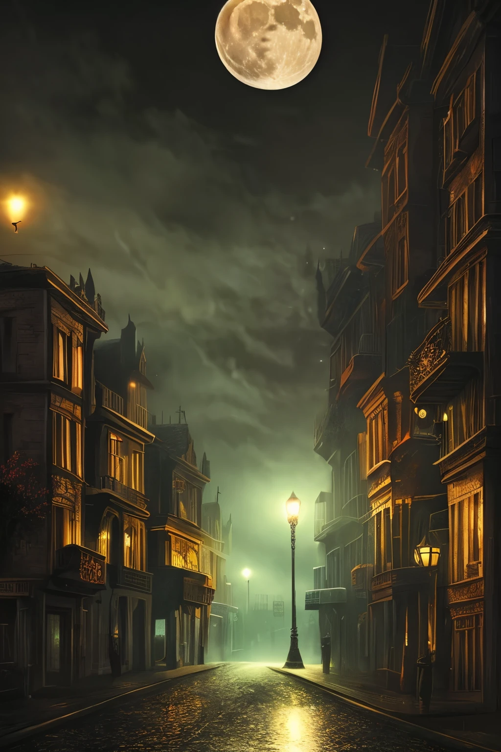 night town, night view, retro, moon light, dark scene, dark mist, horror, dark fantasy, high detailed, high quality, real shadow, masterpiece,