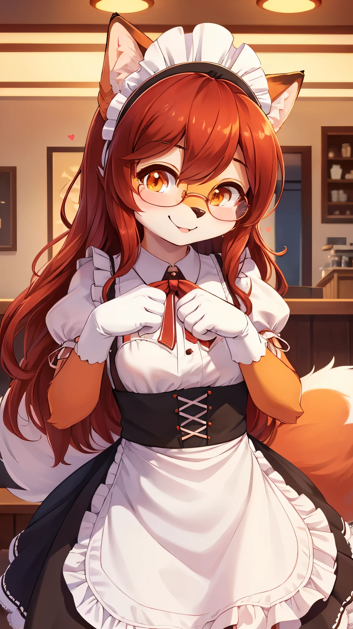 best quality,best resolution,(fluffy anthro furry :1.6),(young :1.8),cat girl,small breasts,red hair,long hair,wavy hair,curvy hair,orange fur,orange eyes,glistering eyes,sparkle eyes,huge circle glasses,maid outfit,maid headdress,maid gloves,ruffles,beautiful coffee cafe,white ligth,steam from coffee making machine,looking at viewer,full face blush,happy face,smile,heart eyes,heart expression eyes,paw pose