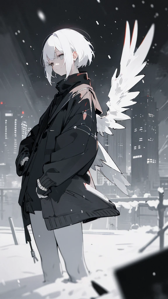(masterpiece、highest quality)、Short nape hair、1 girl with very short white hair、Black cardigan、Grim expression、Grey Eyes、Warm lighting、 Blurred foreground、night深く、High Contrast、night、In the city,it's snowing,Heavy snowfall,winter,Alone in the vast snowy field,whole body,curse,Facing forward,Huge construction,Flying with robot wings
