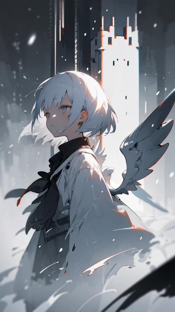 (masterpiece、highest quality)、Short nape hair、1 girl with very short white hair、Black cardigan、Grim expression、Grey Eyes、Warm lighting、 Blurred foreground、night深く、High Contrast、night、In the city,it's snowing,Heavy snowfall,winter,Alone in the vast snowy field,whole body,curse,Facing forward,Huge construction,Flying with robot wings