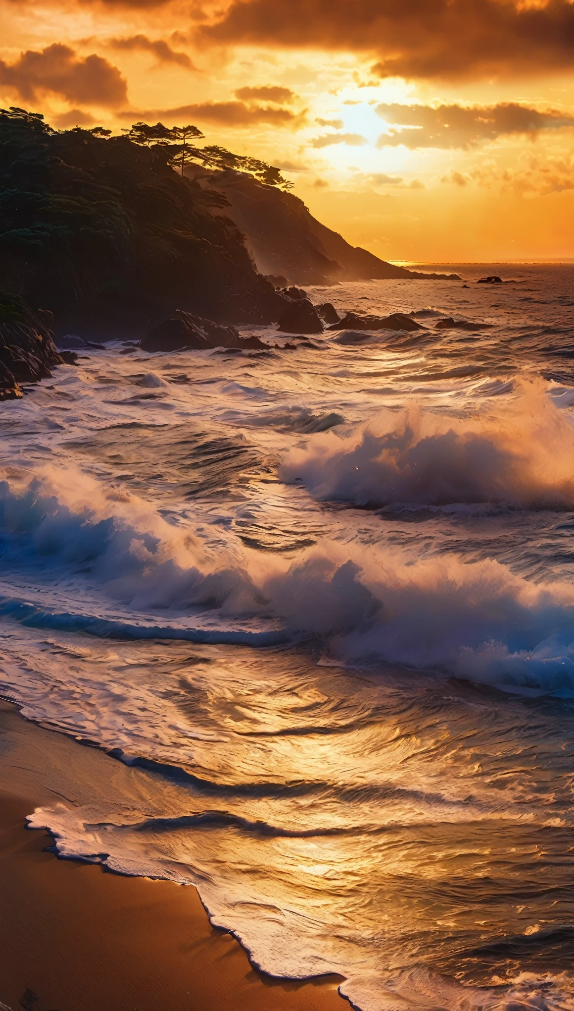 Arafedo view of the sunset over the ocean with waves crashing, Chaotic Sea setting, vivid sunrise, Breathtaking色彩, Breathtaking表情, vivid sunset, Breathtaking構成, beautiful海の風景, Amazing sunset, Great background, sunset, beautiful背景, beautiful、dream-like、Breathtaking, Mark Adams, 暖かくbeautiful景色, Spectacular sunset, beautiful夕日, beautiful sunset, beautiful海