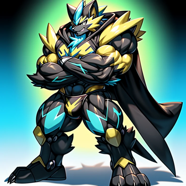 (Pokémon) Zeraora's giant robot. big muscle. GIANT. pecs, triceps, traps, waist narrow. bulge in the crotch, wears a small black string thong that reveals huge, muscular thighs. (metallic color: jet black thong) body full of huge muscles. bulge in the crotch, wears a small black string thong that reveals huge, muscular thighs. (metallic color: jet black thong) He wears a black cloak on his back. The cloak is so long that it touches the ground, crossed arms. The claws are sharp,
Sharp teeth, Protecting Zeraora's design and color scheme. bulge in the crotch, wears a small black string thong that reveals huge, muscular thighs. (metallic color: jet black thong)